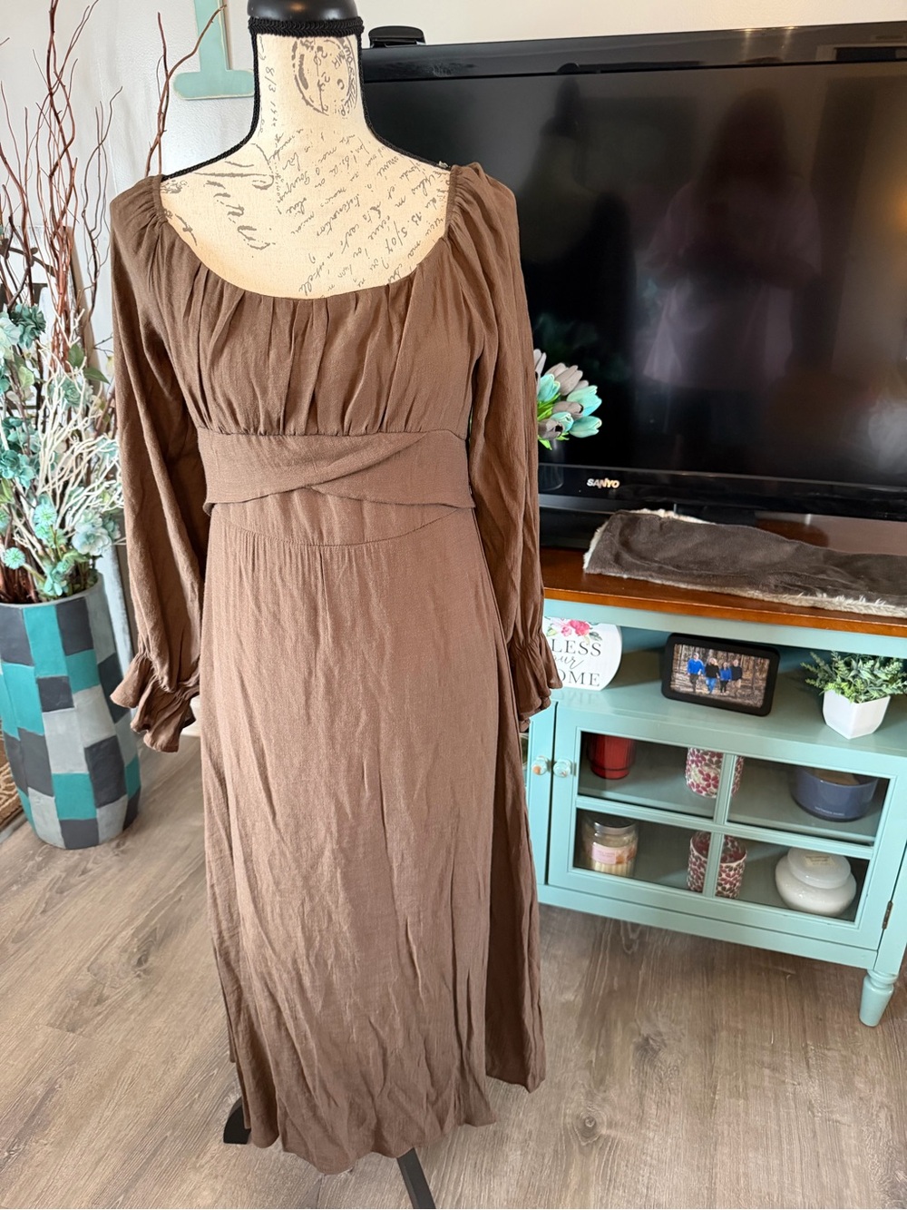 SHEIN Brown Long Sleeve Empire Waist Maxi Dress Size Large
